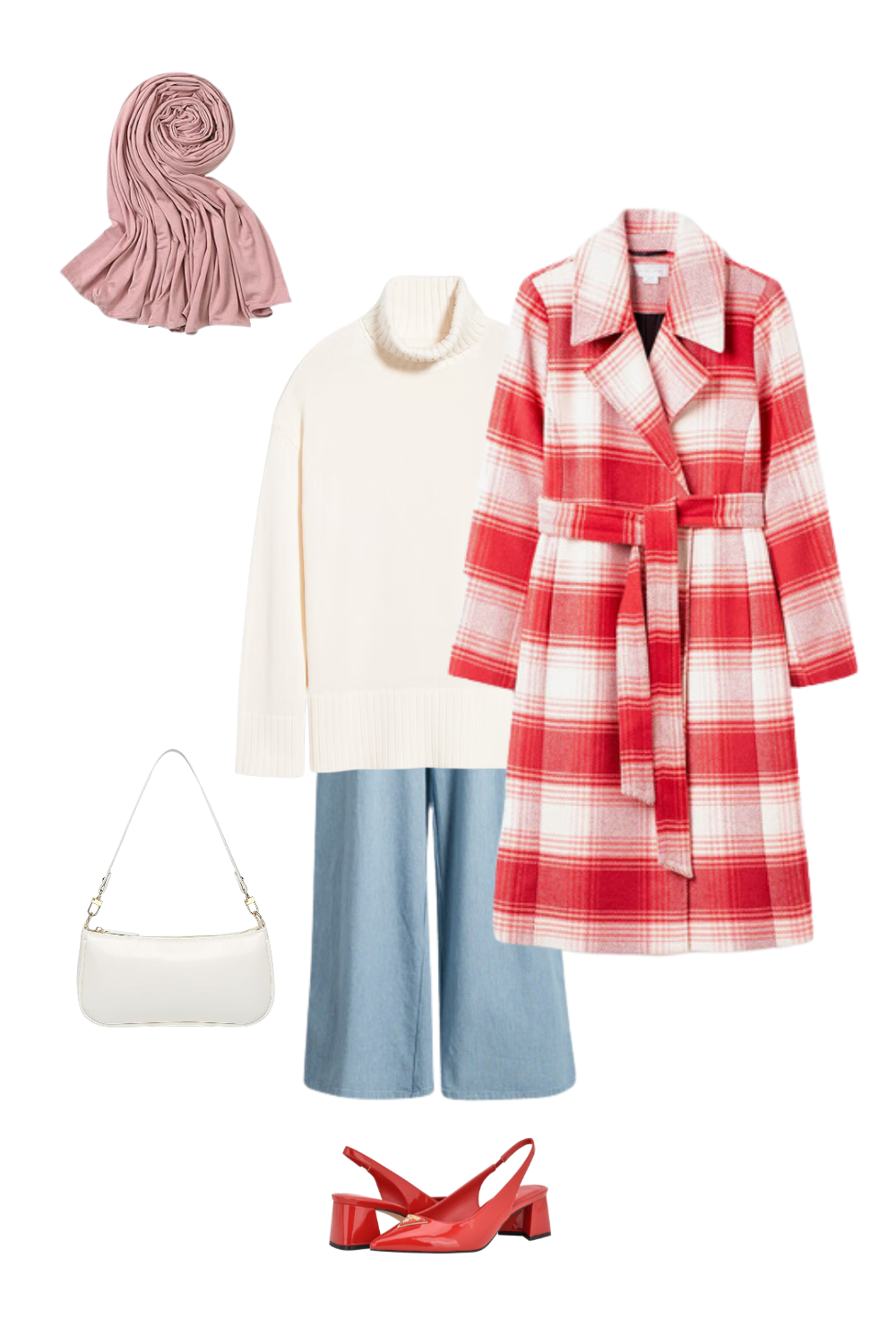 A chic and modest outfit featuring a red-striped white trench coat paired with wide-leg jeans. The look is layered with a white turtleneck sweater and complemented by red chunky kitten heels. Accessories include a soft pink hijab, a white shoulder bag, and subtle elegant details for a refined finish.