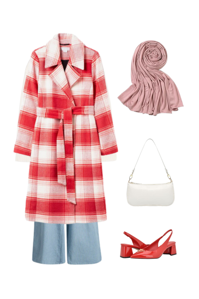 A chic and modest outfit featuring a red-striped white trench coat paired with wide-leg jeans. The look is layered with a white turtleneck sweater and complemented by red chunky kitten heels. Accessories include a soft pink hijab, a white shoulder bag, and subtle elegant details for a refined finish.