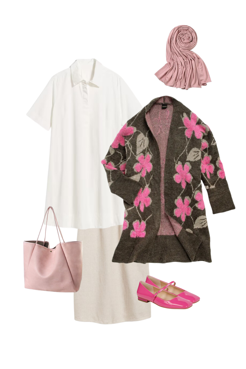 An elegant modest outfit featuring a white collared tunic, a beige long underskirt, and a soft pink scarf for a chic layered look. The ensemble is complemented by a cozy dark brown cardigan with vibrant pink floral accents, a blush pink tote bag, and bold pink Mary Jane flats for a touch of playful sophistication.