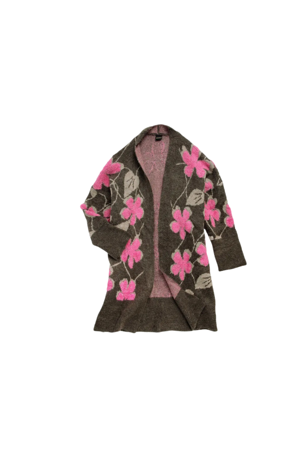 pink flower and brown long cardigan with big sleeves