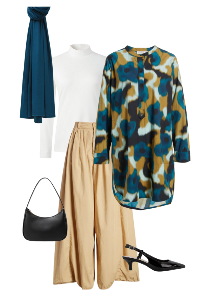 A chic modest outfit collage featuring a layered look with a white turtleneck under a blue, beige, and black patterned tunic, paired with wide beige culottes. Accessories include a teal scarf, a black shoulder bag, and black slingback heels, giving a sophisticated, modest fashion aesthetic with a layered touch.