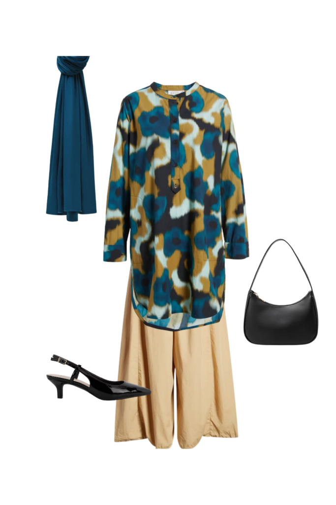 A stylish modest outfit collage featuring a blue, beige, and black patterned tunic paired with wide beige culottes. Accessories include a teal scarf, a black shoulder bag, and black slingback heels, creating an elegant, flowy look suitable for modest fashion.