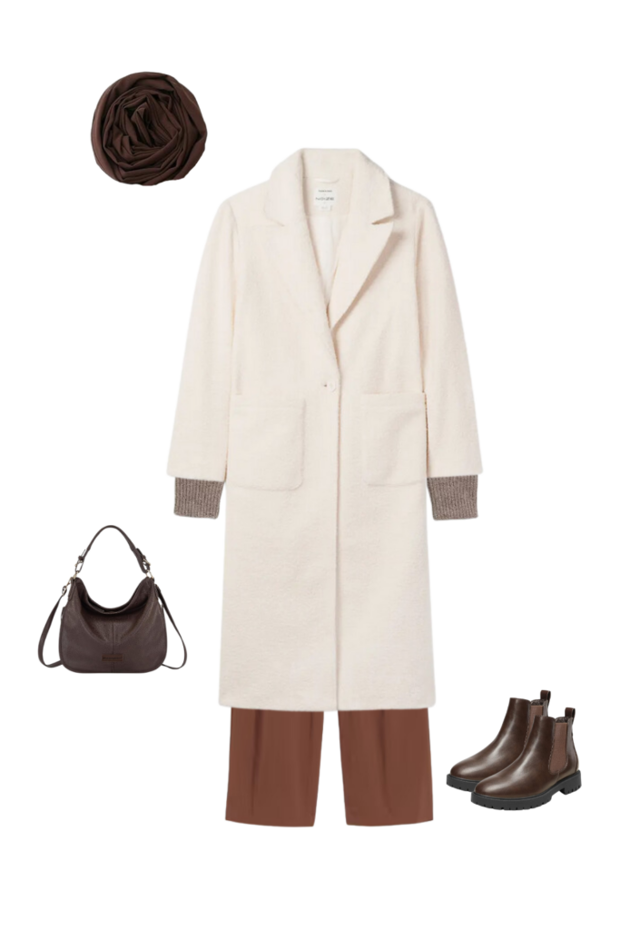 Minimalist winter outfit featuring a cream oversized coat, brown wide-leg trousers, dark brown boots, a dark brown handbag, and a matching brown hijab for a classic yet sophisticated look.