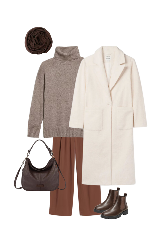 Minimalist winter outfit featuring a cream oversized coat, brown wide-leg trousers, dark brown boots, a dark brown handbag, and a matching brown hijab for a classic yet sophisticated look.