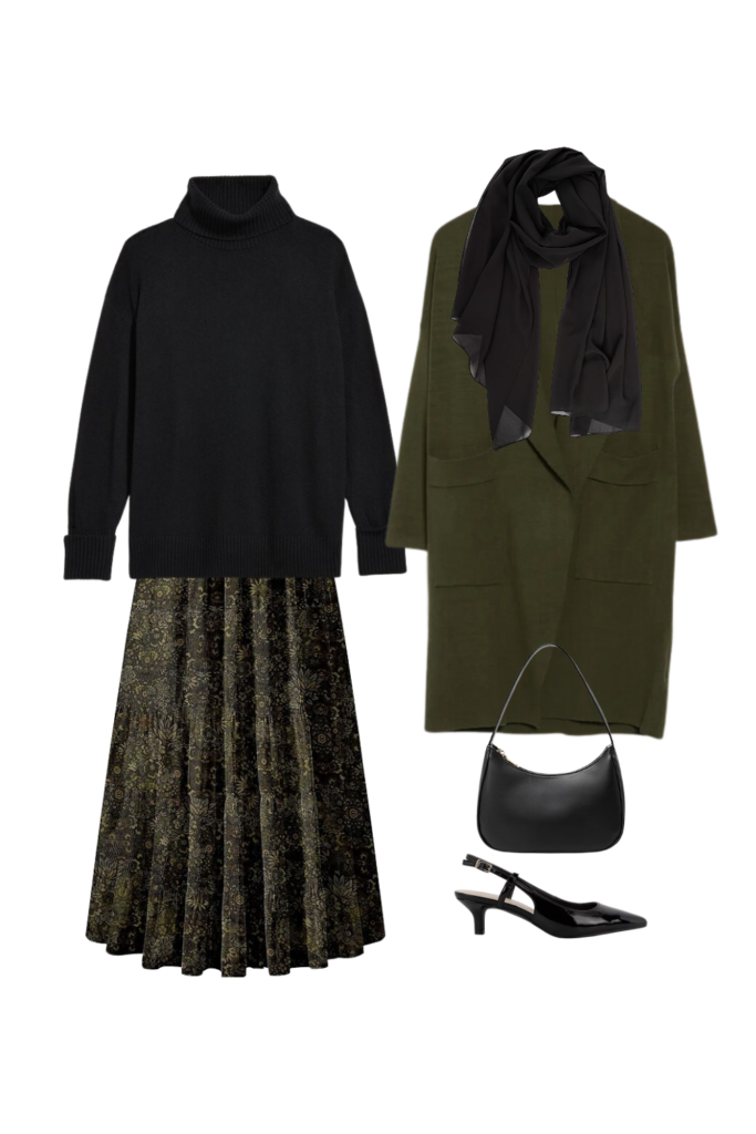 a dark green and black flower patterned skirt with low slingback heels and a black shoulder bag and a dark green long coat and a black hijab