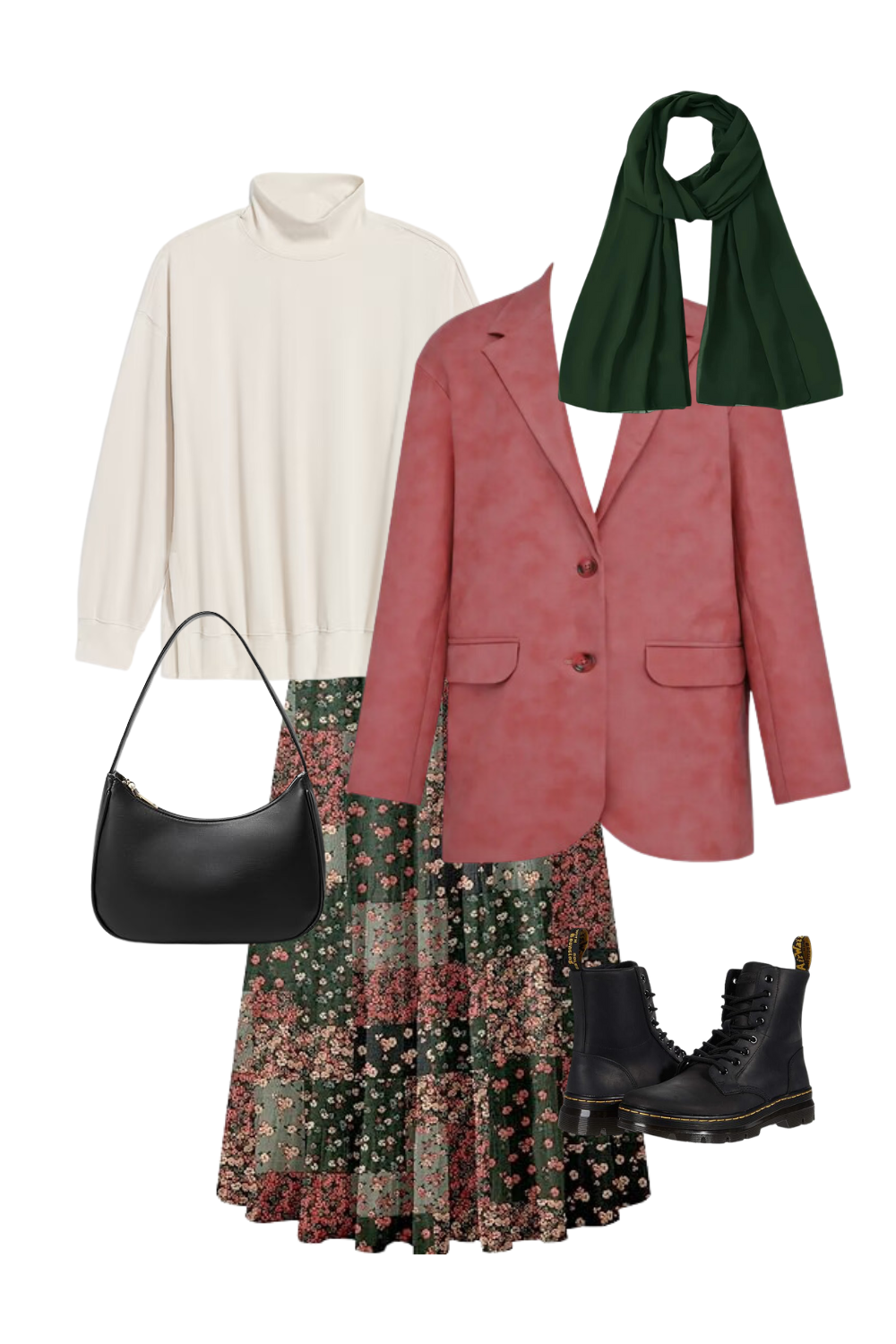 Modest fall outfit with a white turtleneck, floral maxi skirt, pink blazer, dark green scarf, black leather shoulder bag, and black lace-up boots. Perfect for cozy, layered style with a touch of elegance and functionality.