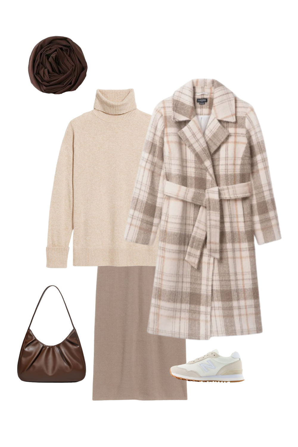 A cozy winter outfit featuring a plaid beige and white coat, a cream turtleneck sweater, a taupe knit skirt, a brown scarf, a brown leather shoulder bag, and white sneakers. The clothing pieces are styled on a white background.