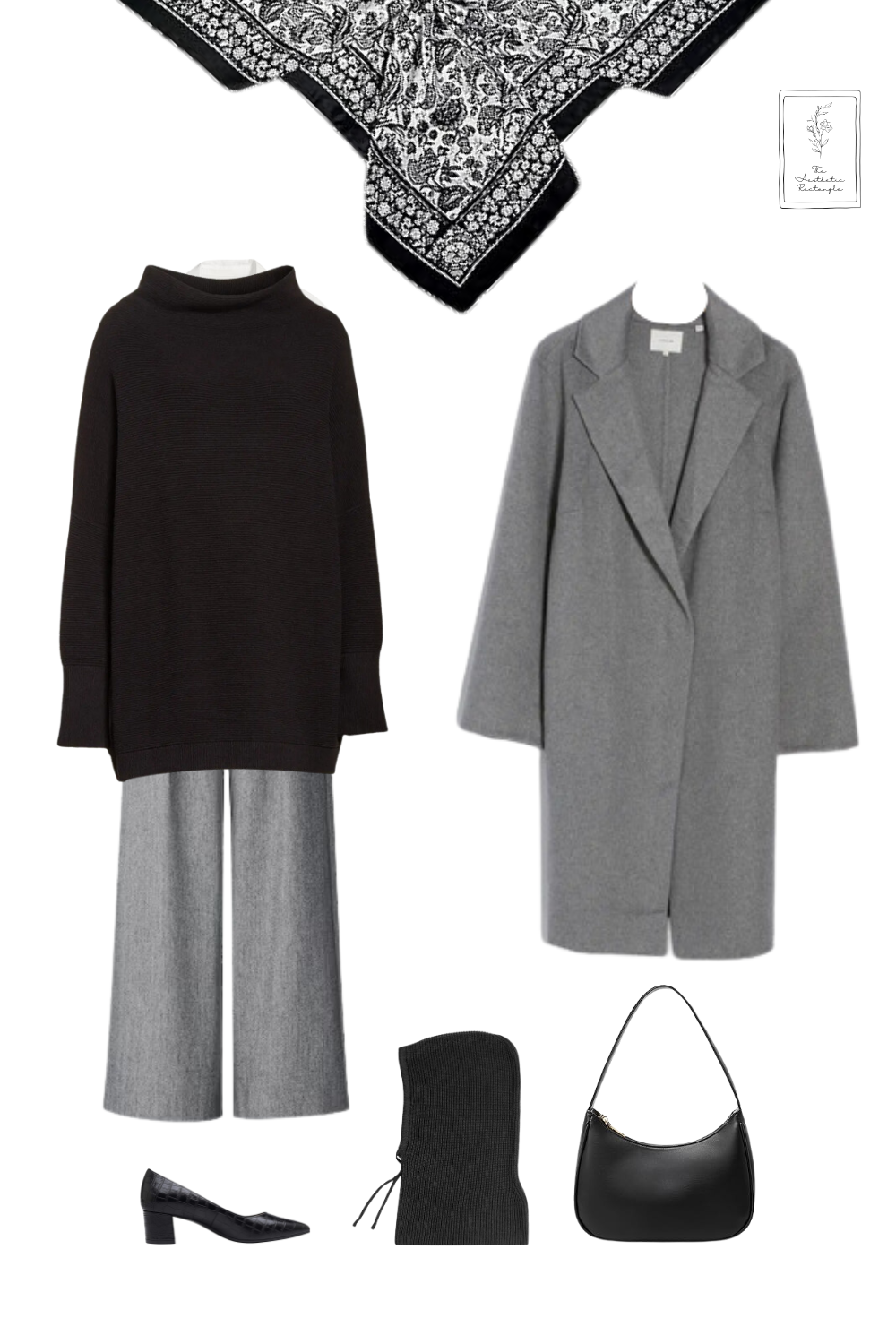 A flat-lay collage of the winter outfit items, including the gray coat, black turtleneck sweater, gray wide-leg trousers, a white button-up shirt, black knit balaclava, printed scarf, black block heels, and black shoulder bag.