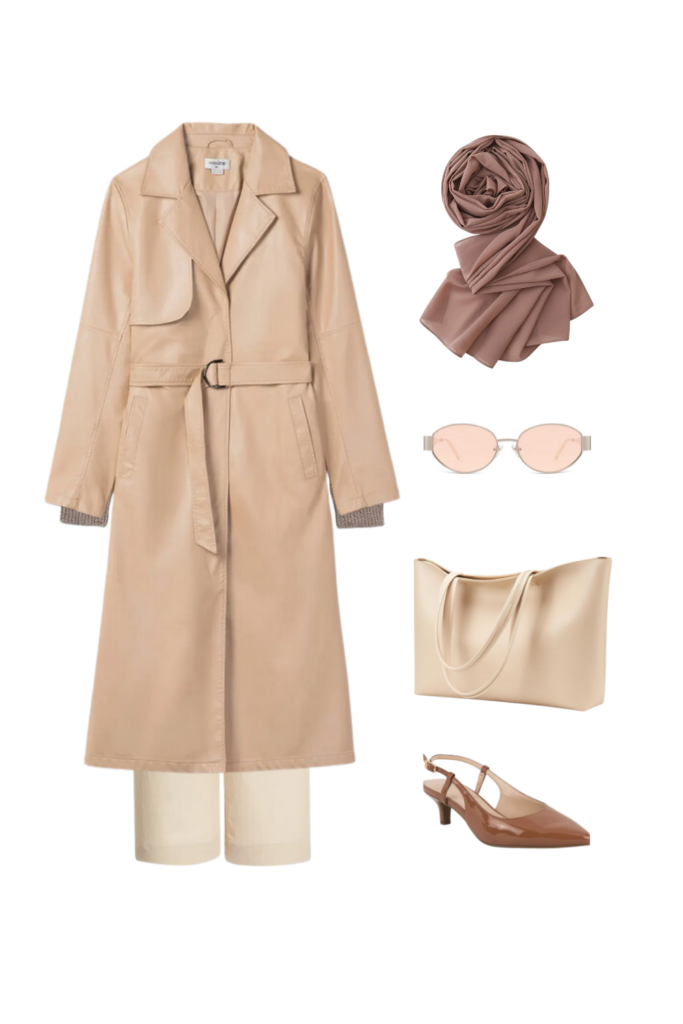 Leather beige trenchcoat with white trouser pants and a heather turtleneck sweater, with a large beige shoulder bag and tan kitten heels with retro oval silver sunglasses and a tan chiffon hijab