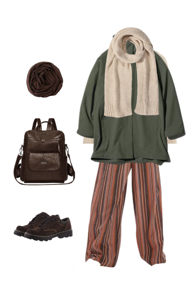 A cozy autumn outfit flat lay featuring a beige turtleneck sweater, olive green hooded coat, and striped wide-leg pants in earthy tones. Accessories include a brown leather backpack, a beige knitted scarf, dark brown shoes, and a rolled brown hijab. The overall color palette includes warm browns, beige, and olive green, giving off a relaxed and stylish vibe perfect for fall and winter.