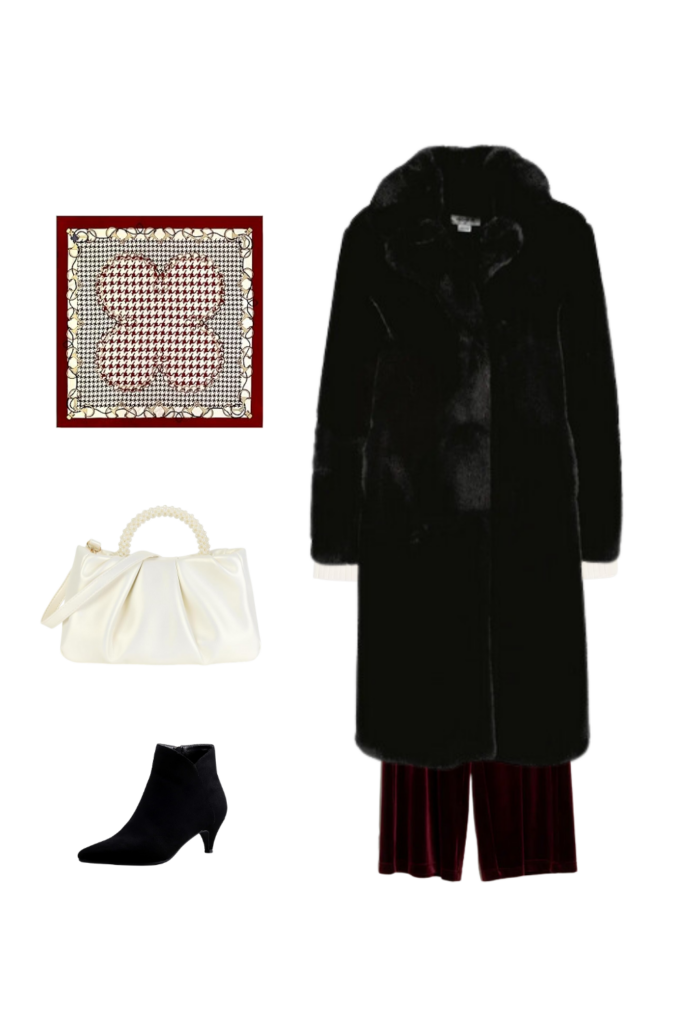 A chic winter outfit styled for modest fashion enthusiasts. The look features a cream-colored oversized turtleneck sweater, a pair of rich burgundy velvet wide-leg pants, a luxurious black faux fur coat, and is accessorized with a pearl-handle white bag, a houndstooth silk scarf in shades of red and cream, and sleek black kitten-heel ankle boots.