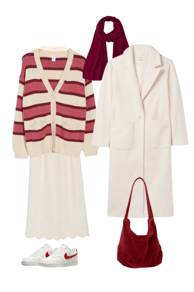 a striped red cardigan with flowy white pants and a long white trench coat and a red hijab and white nike shoes with a red stripe and a red corduroy bag