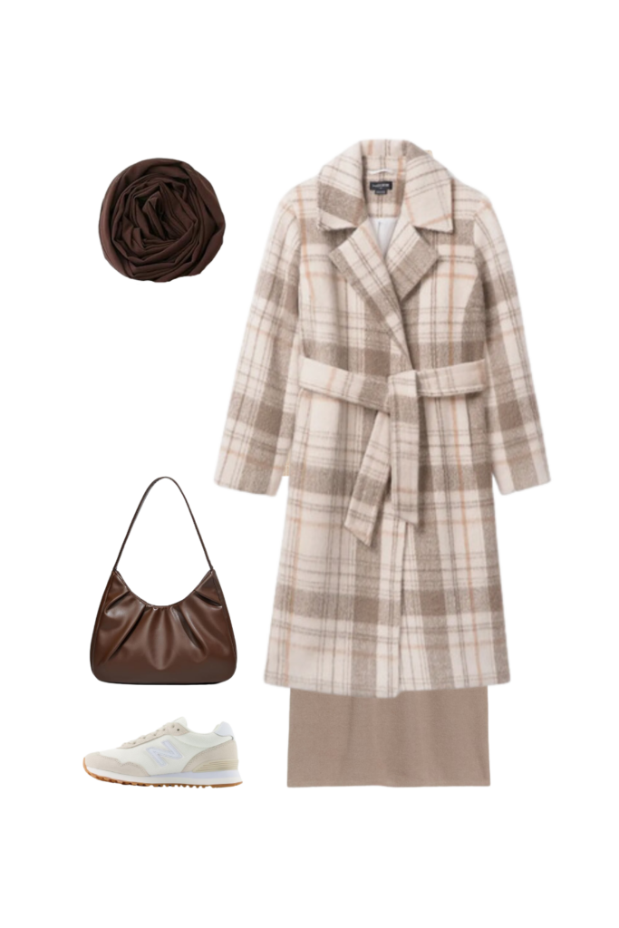 A cozy winter outfit featuring a plaid beige and white coat, a cream turtleneck sweater, a taupe knit skirt, a brown scarf, a brown leather shoulder bag, and white sneakers. The clothing pieces are styled on a white background.