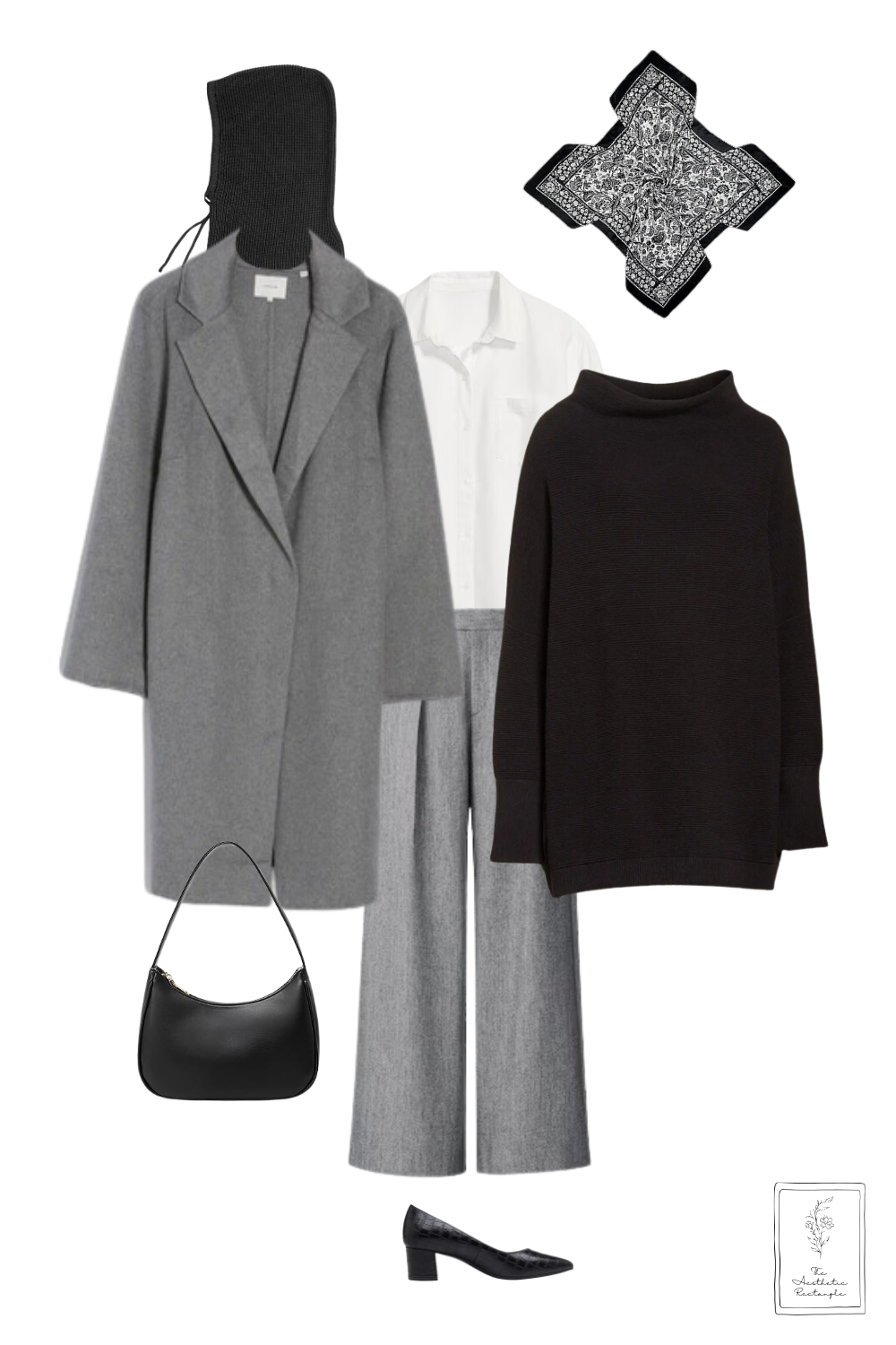 A flat-lay collage of a sophisticated winter outfit featuring a gray oversized coat, a black knit balaclava, a black and white printed scarf, a white button-up shirt, a black turtleneck sweater, gray wide-leg trousers, a black shoulder bag, and black block-heeled shoes.