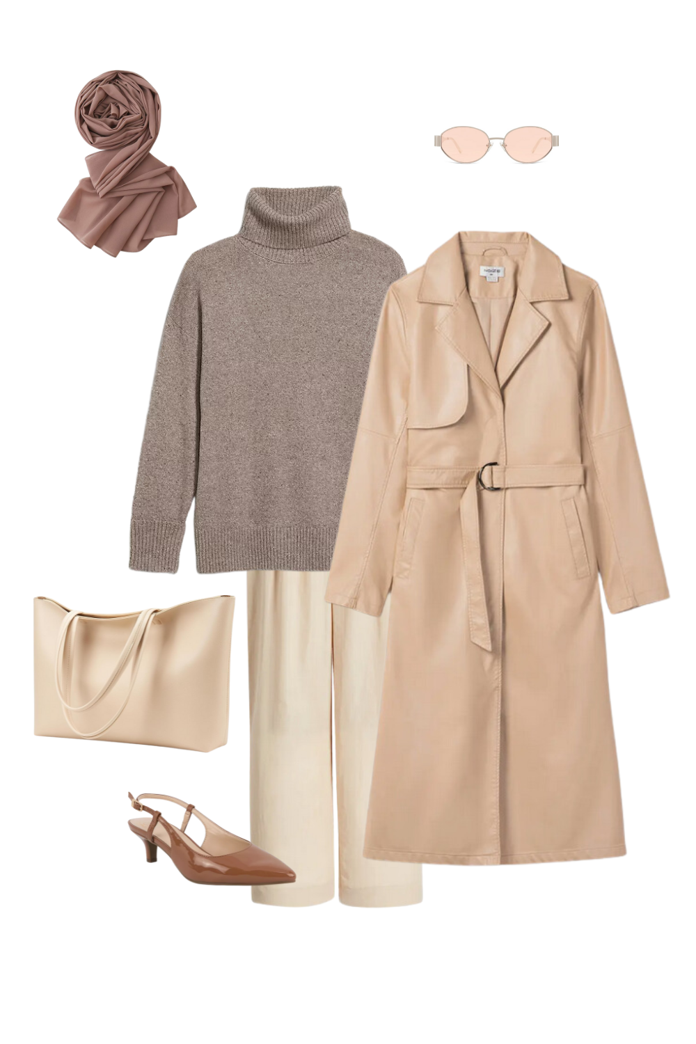 Leather beige trenchcoat with white trouser pants and a heather turtleneck sweater, with a large beige shoulder bag and tan kitten heels with retro oval silver sunglasses and a tan chiffon hijab