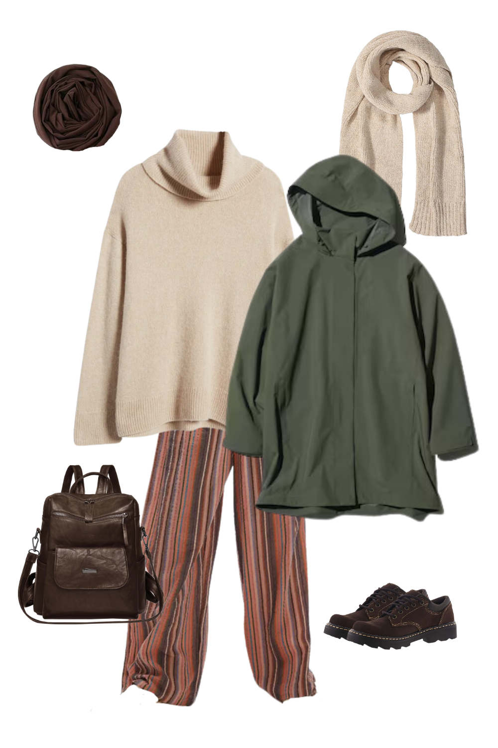 A cozy autumn outfit flat lay featuring a beige turtleneck sweater, olive green hooded coat, and striped wide-leg pants in earthy tones. Accessories include a brown leather backpack, a beige knitted scarf, dark brown shoes, and a rolled brown hijab. The overall color palette includes warm browns, beige, and olive green, giving off a relaxed and stylish vibe perfect for fall and winter.