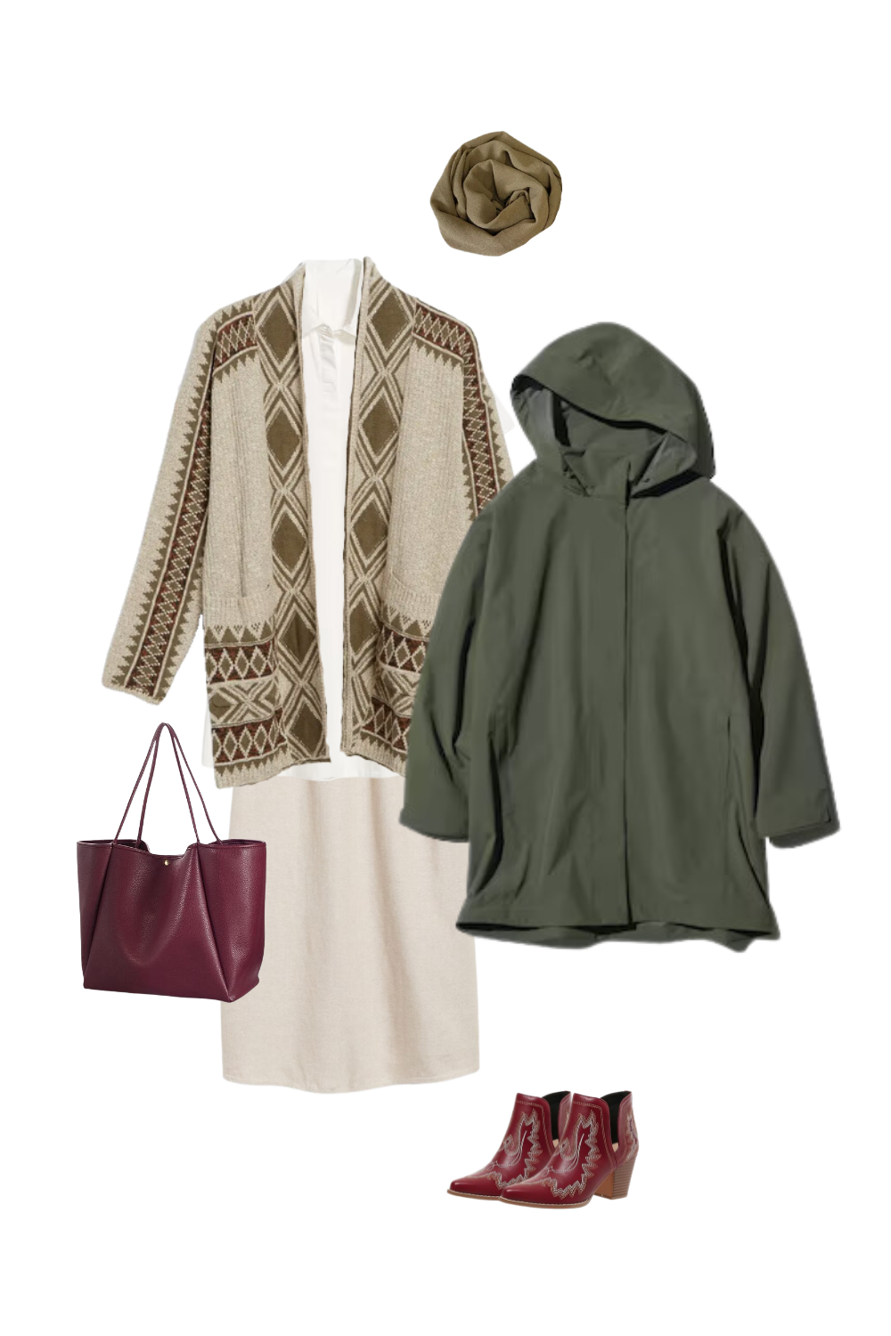 An outfit collage featuring a cozy winter look. The outfit includes a beige and olive green geometric-patterned cardigan layered over a cream-colored dress, paired with a dark olive hooded coat for warmth. Accessories include a rolled olive green hijab, a deep burgundy leather tote bag, and matching burgundy western ankle boots with white stitching details. The look is a blend of cozy comfort and earthy tones with a touch of bold color for fall styling.