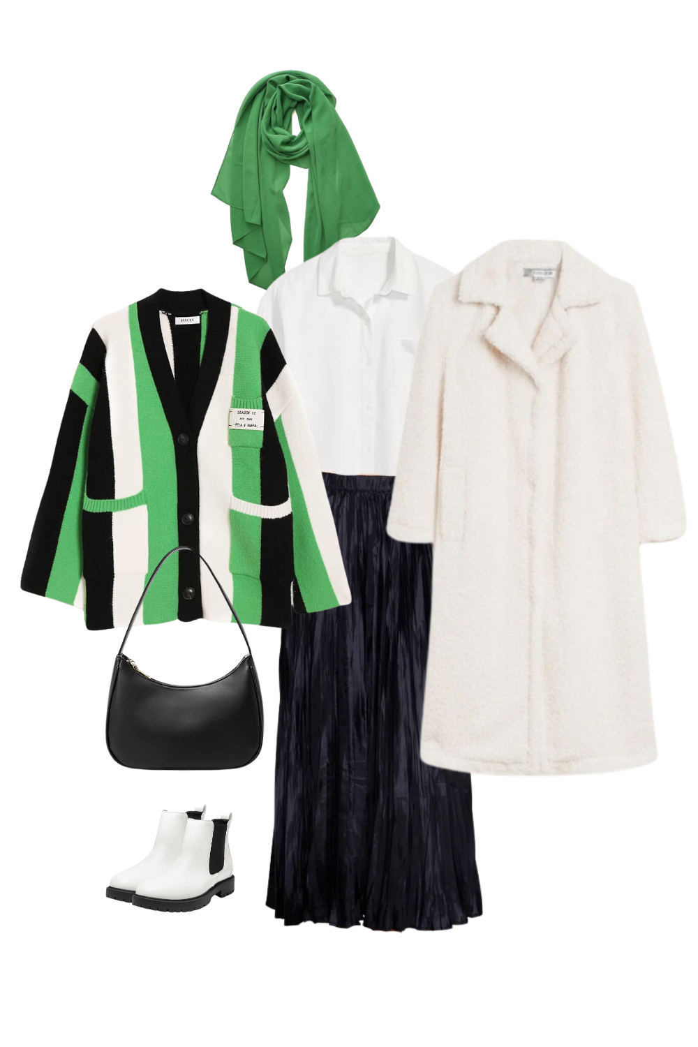 A stylish modest winter outfit featuring a bold green and black striped cardigan layered over a classic white shirt. The look includes a navy pleated midi skirt, a cozy white teddy coat, a vibrant green scarf, a sleek black shoulder bag, and white Chelsea boots with black detailing. Perfect for adding a pop of color and texture to your cold-weather wardrobe.