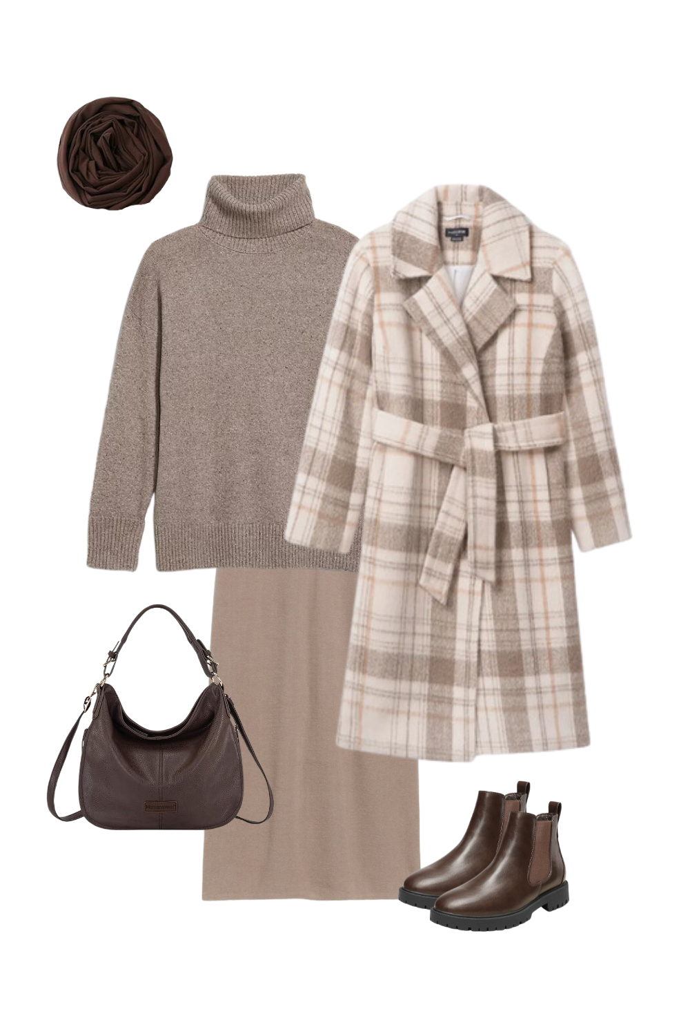 Neutral-toned cozy winter outfit featuring a beige turtleneck sweater, a matching knit skirt, a cream and taupe plaid belted coat, chocolate brown Chelsea boots, a rich brown leather handbag, and a soft brown scarf for a timeless, chic, and warm ensemble.