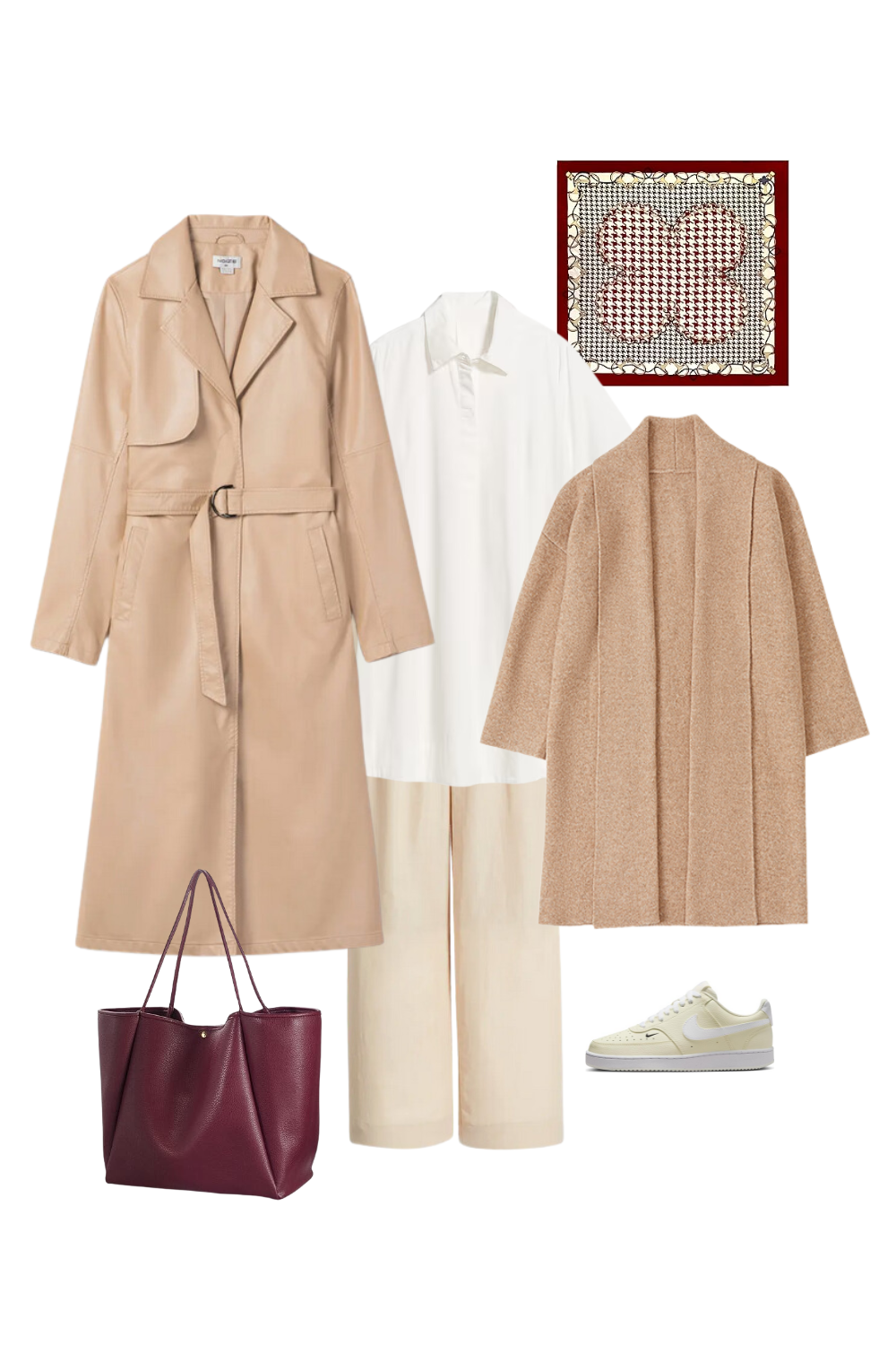 A stylish and modest outfit collage featuring a beige belted trench coat, a white button-up blouse, cream wide-leg trousers, and a soft camel-colored cardigan. The accessories include a burgundy tote bag, a red-and-houndstooth patterned scarf, and cream Nike sneakers with subtle yellow accents.