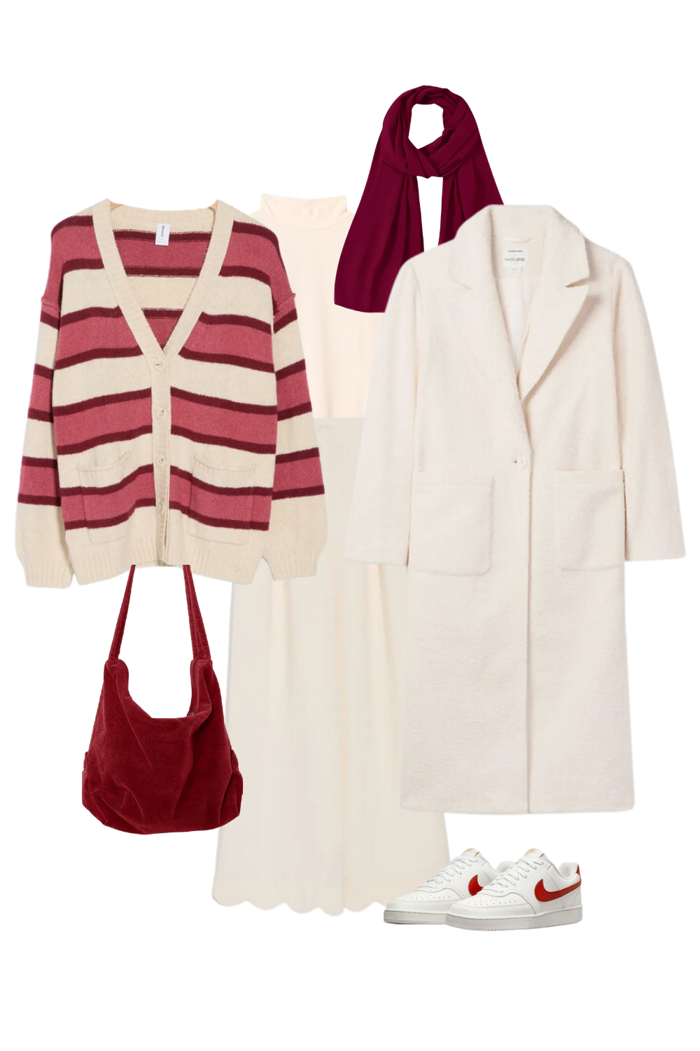 a striped red cardigan with flowy white pants and a long white trench coat and a red hijab and white nike shoes with a red stripe and a red corduroy bag