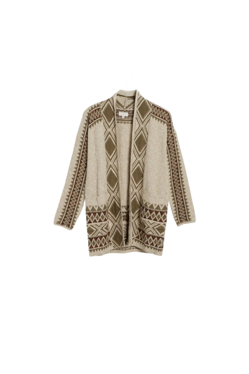 geometrically patterned olive beige and burgundy cardigan