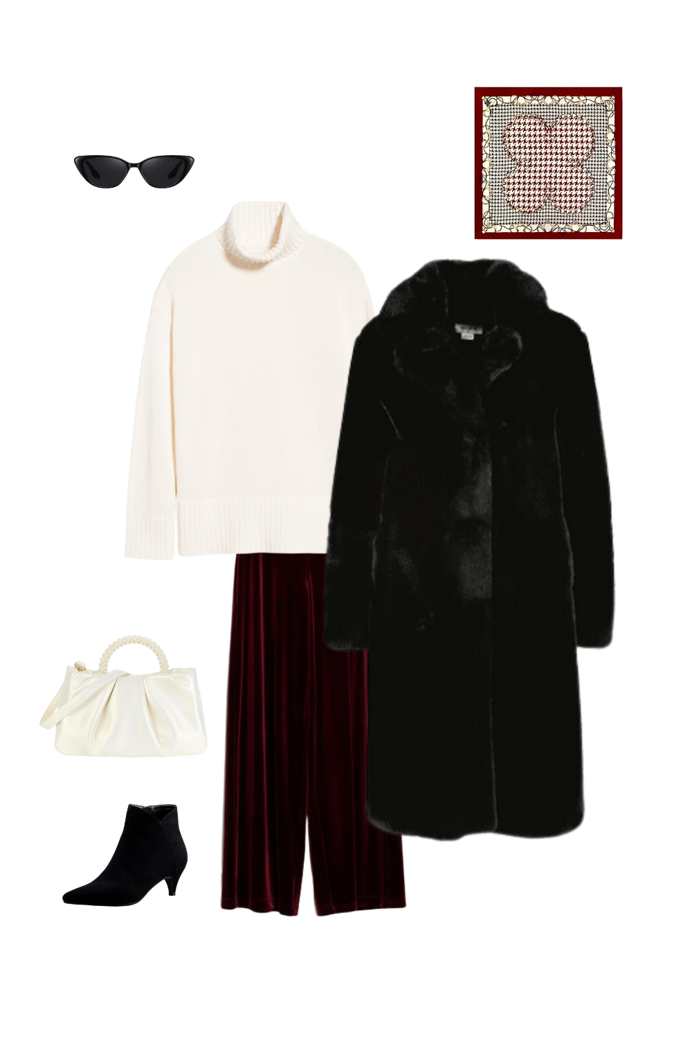 A chic winter outfit styled for modest fashion enthusiasts. The look features a cream-colored oversized turtleneck sweater, a pair of rich burgundy velvet wide-leg pants, a luxurious black faux fur coat, and is accessorized with a pearl-handle white bag, a houndstooth silk scarf in shades of red and cream, and sleek black kitten-heel ankle boots and retro vintage cat eye sunglasses.