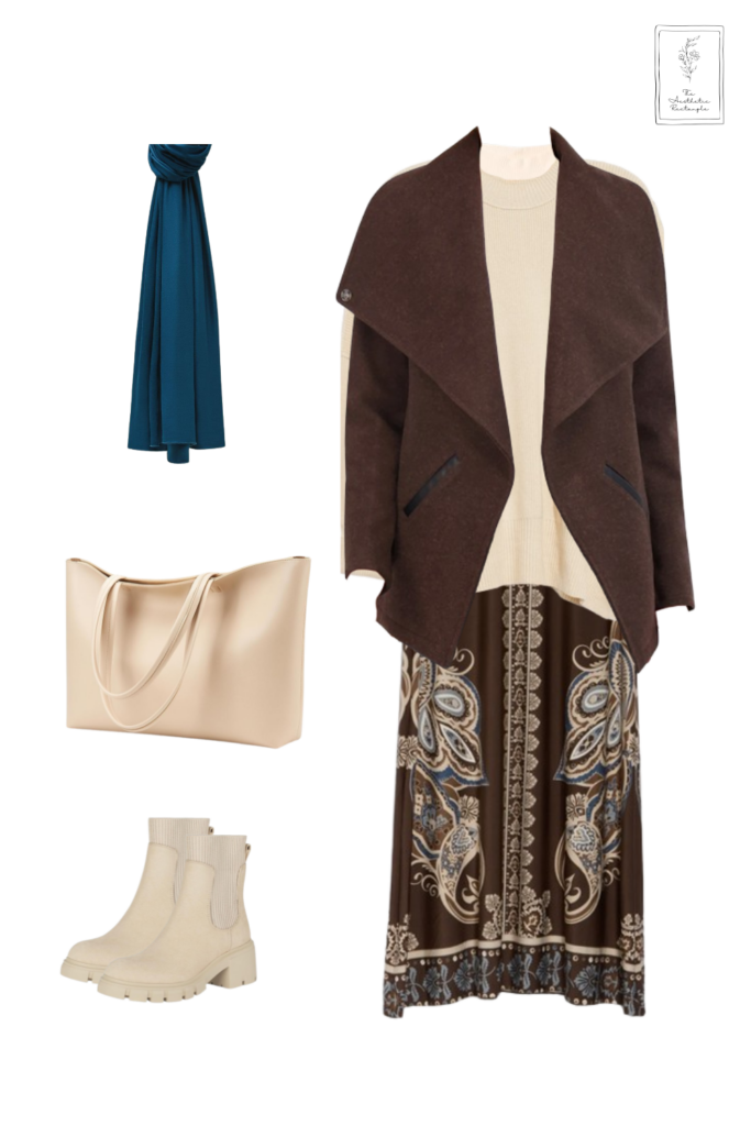 A cozy winter outfit collage featuring a cream oversized sweater, a chocolate-brown paisley maxi skirt, a brown draped coat, a teal scarf, a beige mock neck top, a cream tote bag, and cream ankle boots with lug soles.