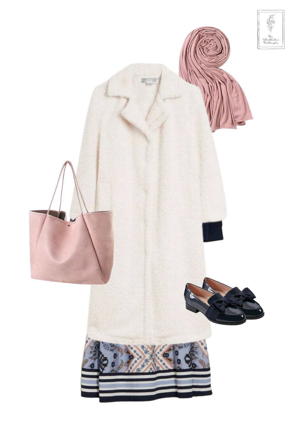 A modest fall or winter outfit featuring a cozy white teddy coat paired with a navy blue sweater layered over a cream mock neck top. The look is completed with a patterned midi skirt in blue and pink tones, black patent loafers with bows, a blush pink hijab, and a matching blush pink tote bag for a chic and feminine touch.