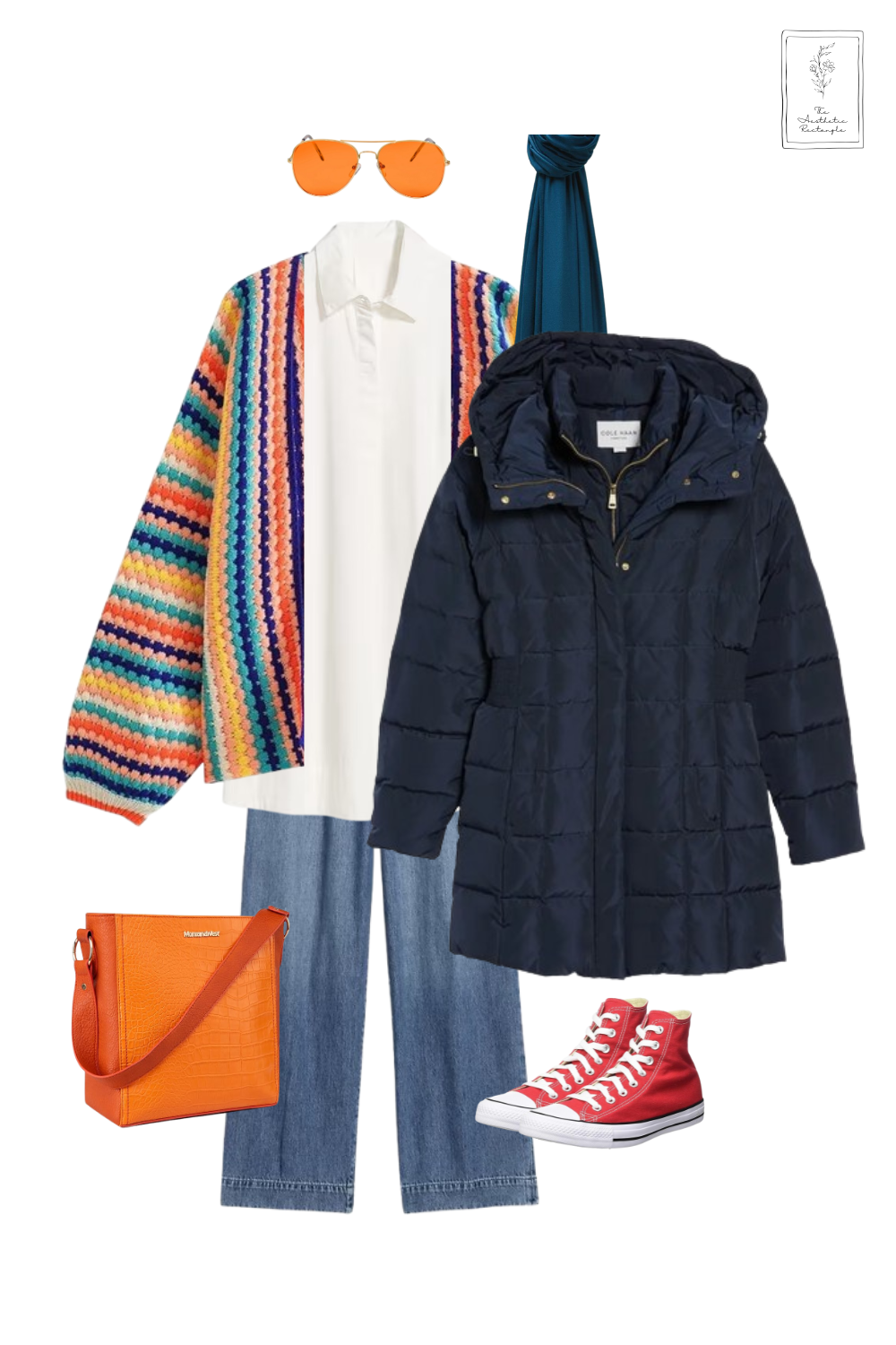 Vibrant winter outfit featuring a colorful crochet cardigan over a white shirt, paired with wide-leg denim jeans, a navy puffer coat for warmth, red high-top sneakers, an orange crossbody bag, matching orange sunglasses, and a teal scarf for contrast.