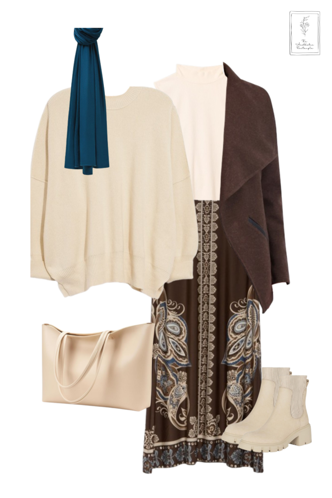 A cozy winter outfit collage featuring a cream oversized sweater, a chocolate-brown paisley maxi skirt, a brown draped coat, a teal scarf, a beige mock neck top, a cream tote bag, and cream ankle boots with lug soles.