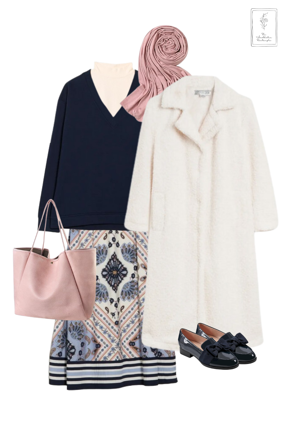 A modest fall or winter outfit featuring a cozy white teddy coat paired with a navy blue sweater layered over a cream mock neck top. The look is completed with a patterned midi skirt in blue and pink tones, black patent loafers with bows, a blush pink hijab, and a matching blush pink tote bag for a chic and feminine touch.