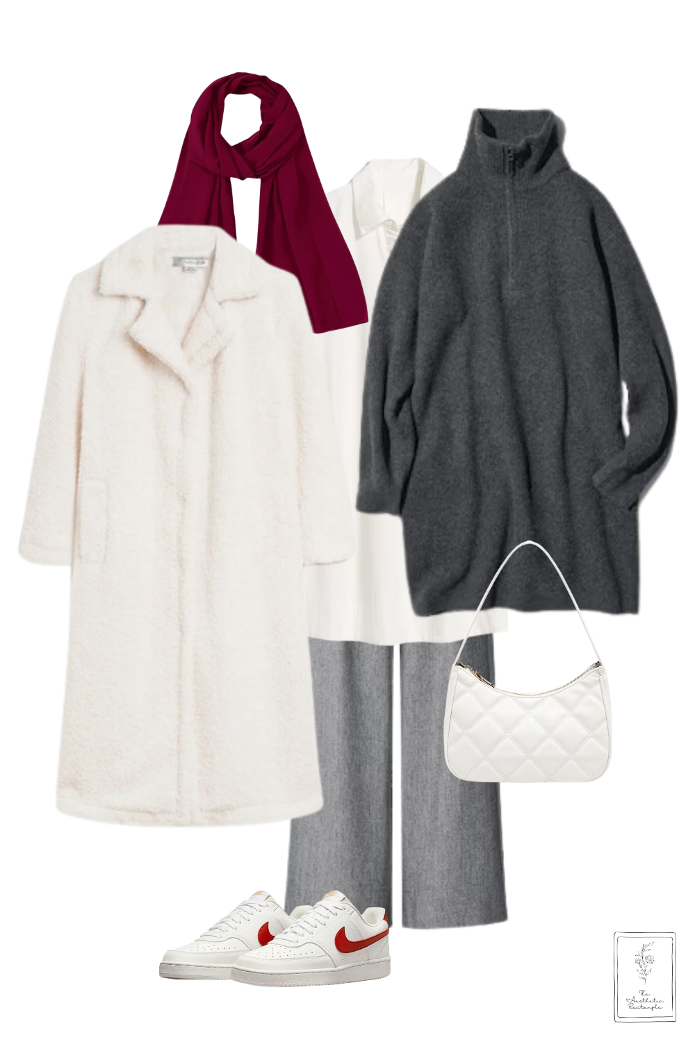 Chic winter outfit featuring a cozy white teddy coat, a dark grey oversized sweater layered over a white shirt, tailored grey trousers, white sneakers with red accents, a quilted white shoulder bag, and a bold maroon scarf for a pop of color.