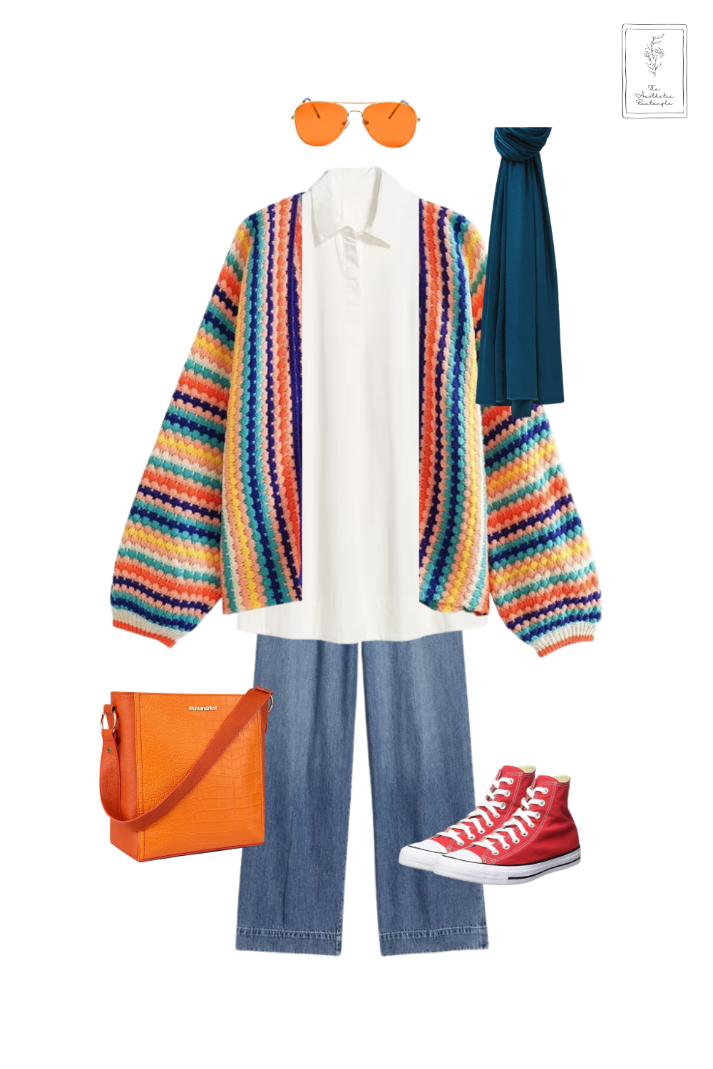 Vibrant winter outfit featuring a colorful crochet cardigan over a white shirt, paired with wide-leg denim jeans, a navy puffer coat for warmth, red high-top sneakers, an orange crossbody bag, matching orange sunglasses, and a teal scarf for contrast.