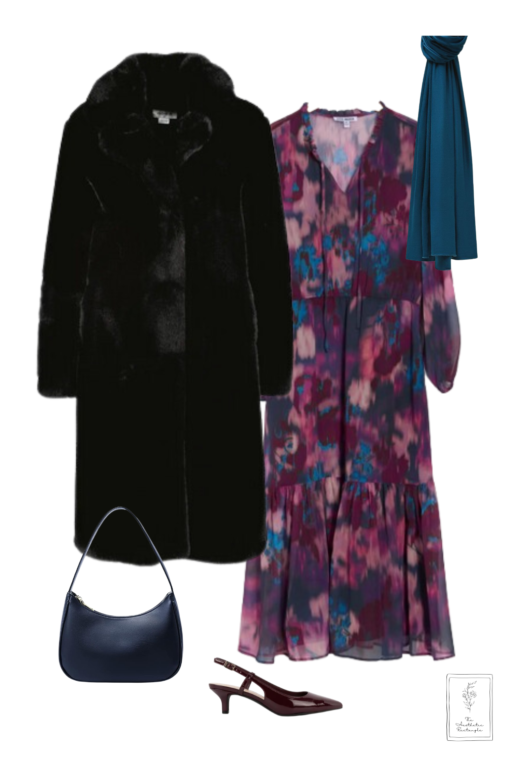 A stylish winter outfit collage featuring a black faux fur coat, a vibrant floral maxi dress in pink and blue tones, a teal scarf, a navy shoulder bag, and burgundy slingback heels with a low kitten heel.