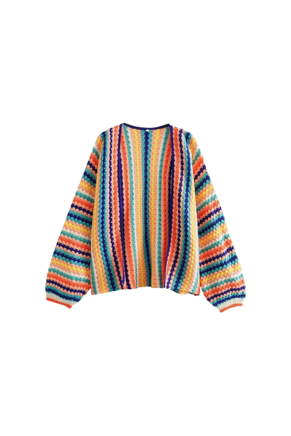 a colorful striped sweater on a white background