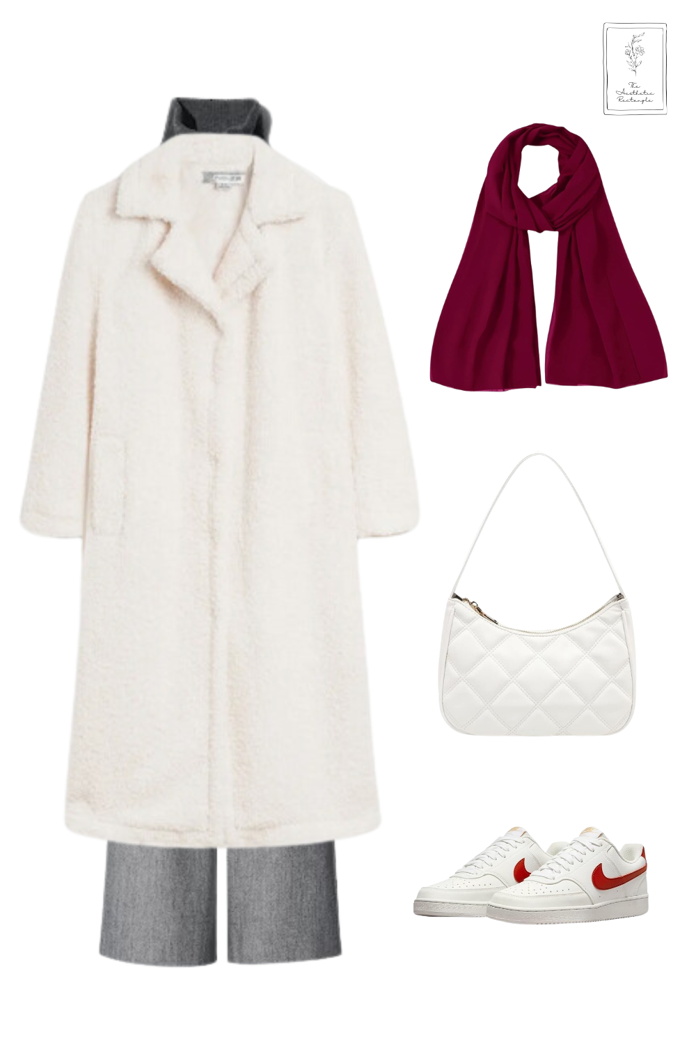 Chic winter outfit featuring a cozy white teddy coat, a dark grey oversized sweater layered over a white shirt, tailored grey trousers, white sneakers with red accents, a quilted white shoulder bag, and a bold maroon scarf for a pop of color.