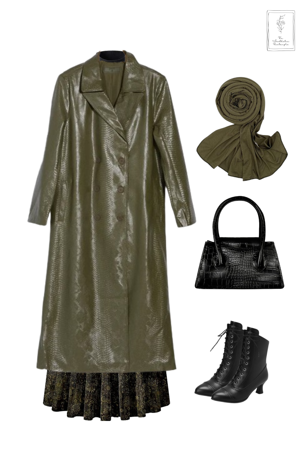 A chic and modest outfit featuring a black long-sleeve wrap dress layered over a black and gold floral maxi skirt. The ensemble is paired with an olive green faux crocodile trench coat and a matching olive green hijab. Accessories include a structured black croc-embossed handbag and black Victorian-style lace-up boots with a low heel. A small logo in the bottom right corner reads "The Subtle Chic Wardrobe."