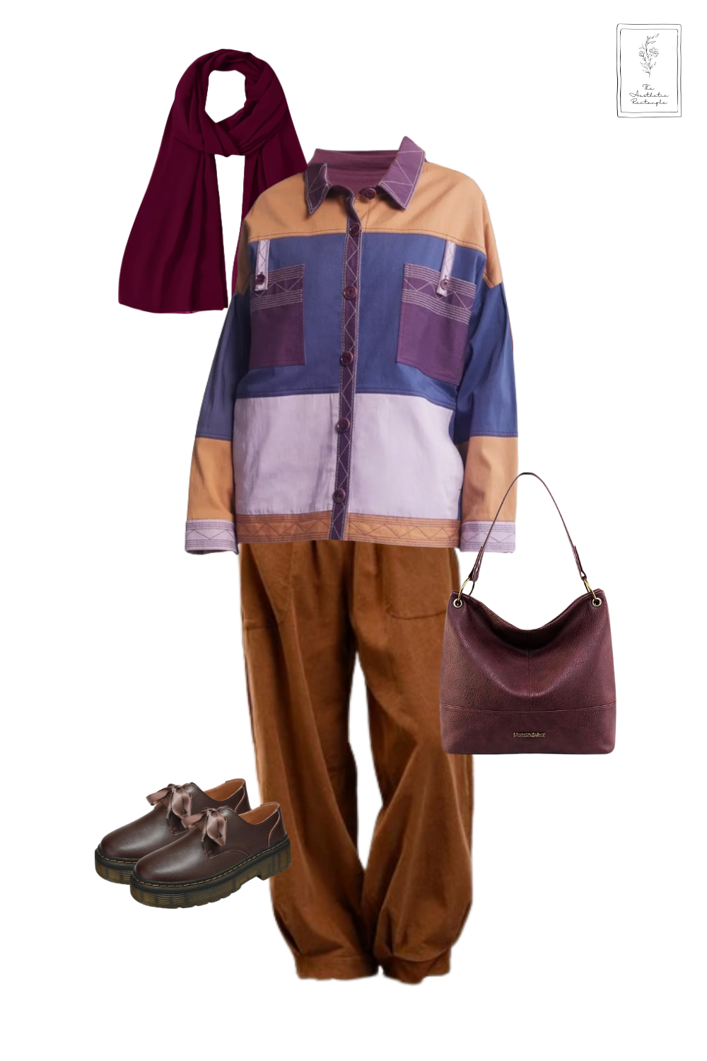 Rich autumn hues meet cozy layering in this effortlessly stylish outfit. A deep mauve mock neck top pairs seamlessly with relaxed brown corduroy pants, creating a warm, grounded base. The patchwork jacket adds a playful touch with its mix of blue, purple, and tan, balancing structure and comfort. A burgundy scarf and matching handbag tie the look together, while the chocolate brown loafers with satin ribbon details bring a refined yet quirky charm. Perfect for a crisp fall day with an artsy, vintage-inspired flair!