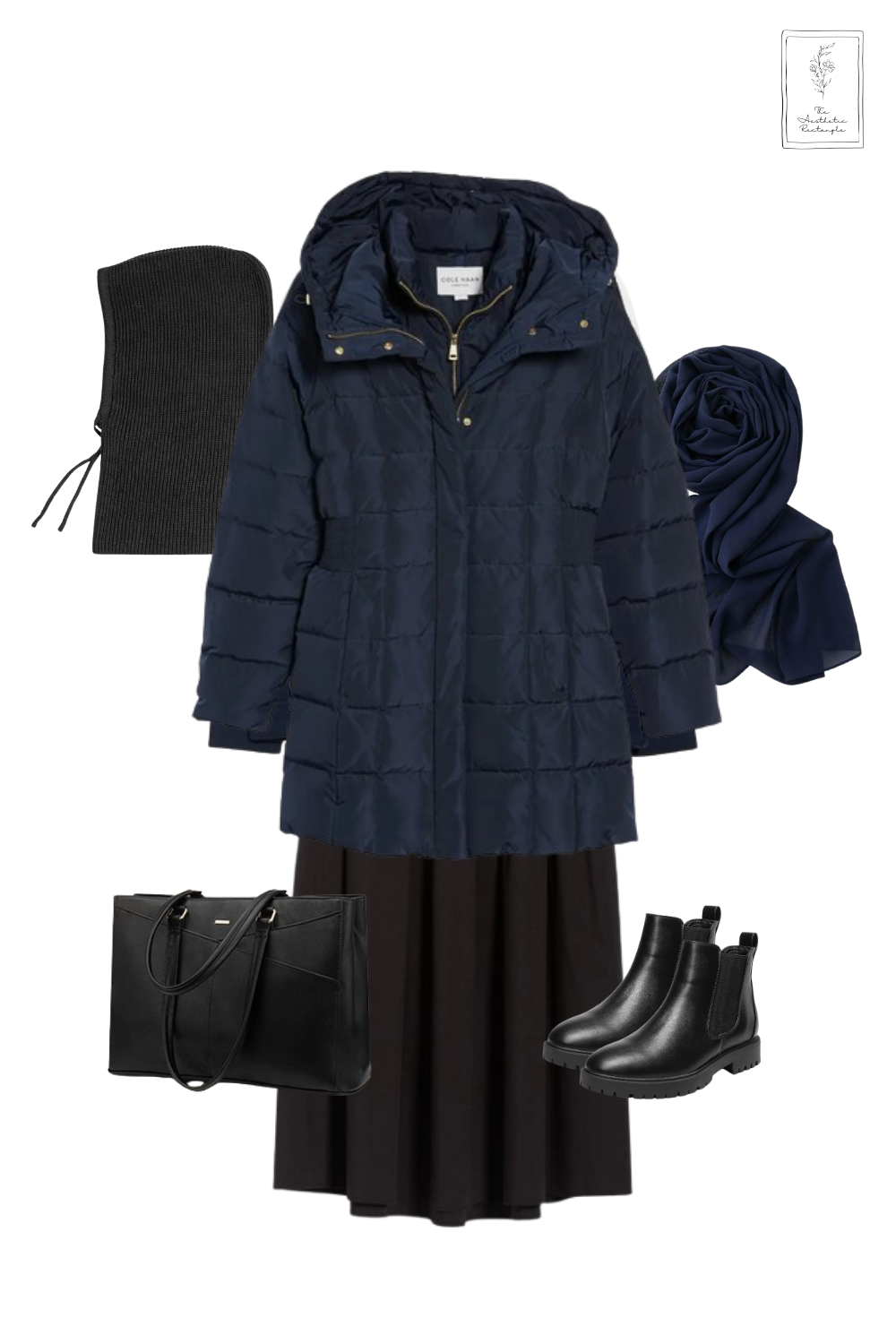 A winter outfit ensemble featuring a navy blue puffer coat with a hood, a navy V-neck sweater layered over a white collared shirt, and a black maxi skirt. Accessories include a navy chiffon hijab, a black knit beanie, black Chelsea boots, a black structured tote bag, and black cat-eye sunglasses. The outfit is modest, stylish, and well-suited for cold weather. 