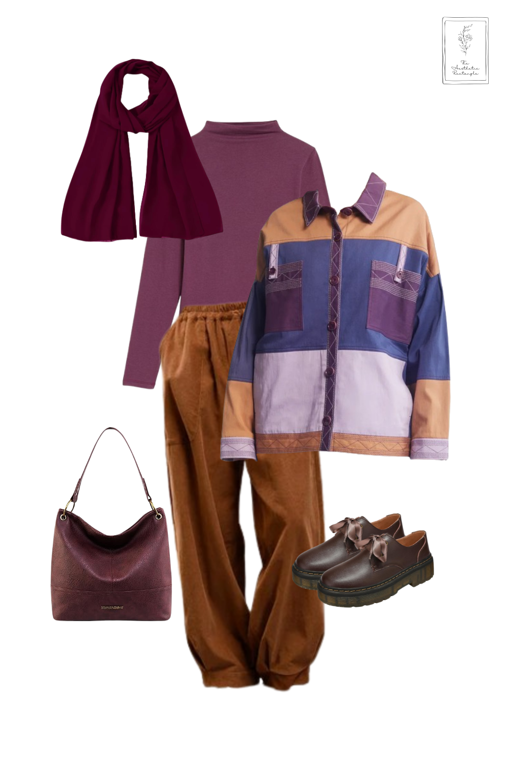 Rich autumn hues meet cozy layering in this effortlessly stylish outfit. A deep mauve mock neck top pairs seamlessly with relaxed brown corduroy pants, creating a warm, grounded base. The patchwork jacket adds a playful touch with its mix of blue, purple, and tan, balancing structure and comfort. A burgundy scarf and matching handbag tie the look together, while the chocolate brown loafers with satin ribbon details bring a refined yet quirky charm. Perfect for a crisp fall day with an artsy, vintage-inspired flair!