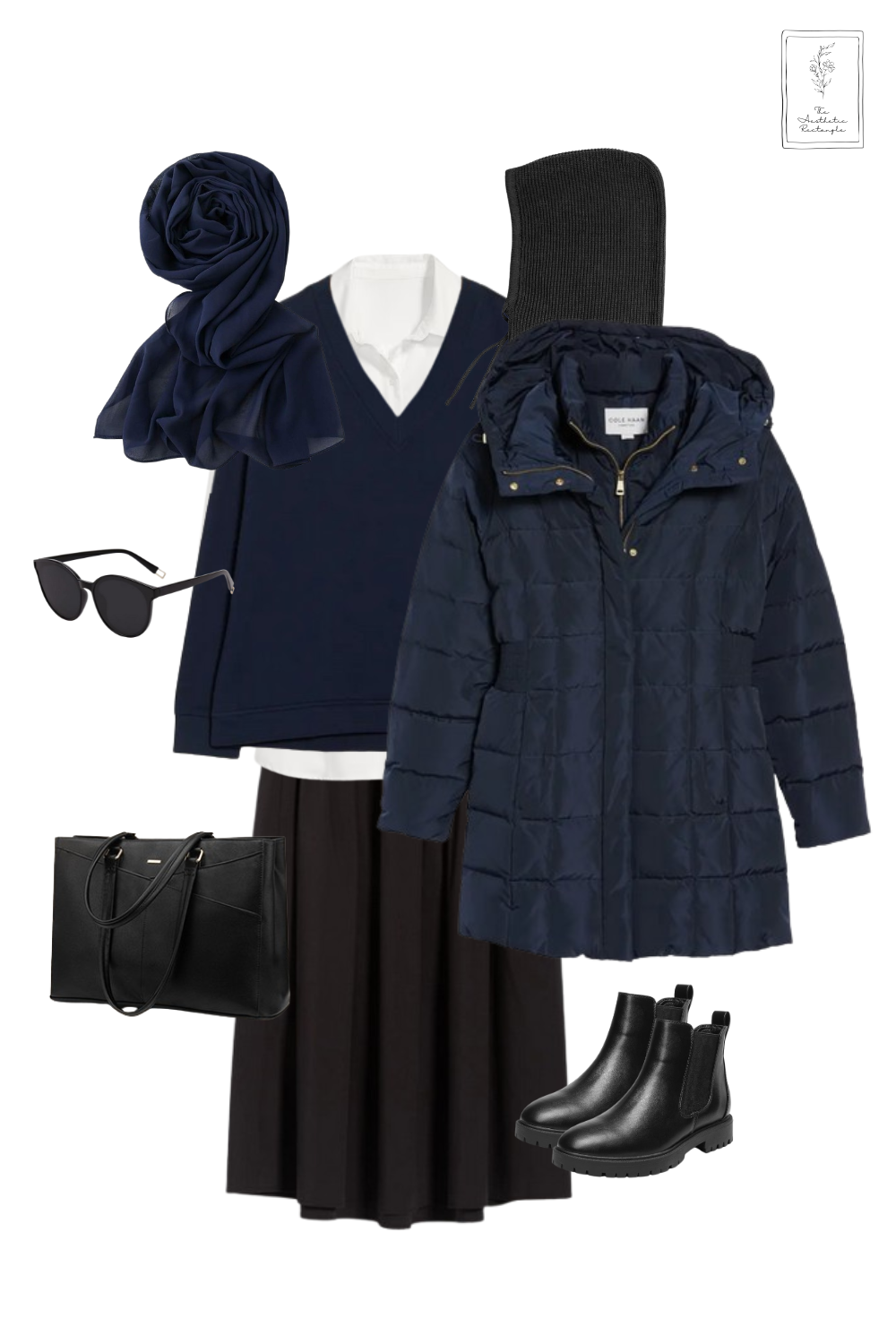 A winter outfit ensemble featuring a navy blue puffer coat with a hood, a navy V-neck sweater layered over a white collared shirt, and a black maxi skirt. Accessories include a navy chiffon hijab, a black knit beanie, black Chelsea boots, a black structured tote bag, and black cat-eye sunglasses. The outfit is modest, stylish, and well-suited for cold weather. 