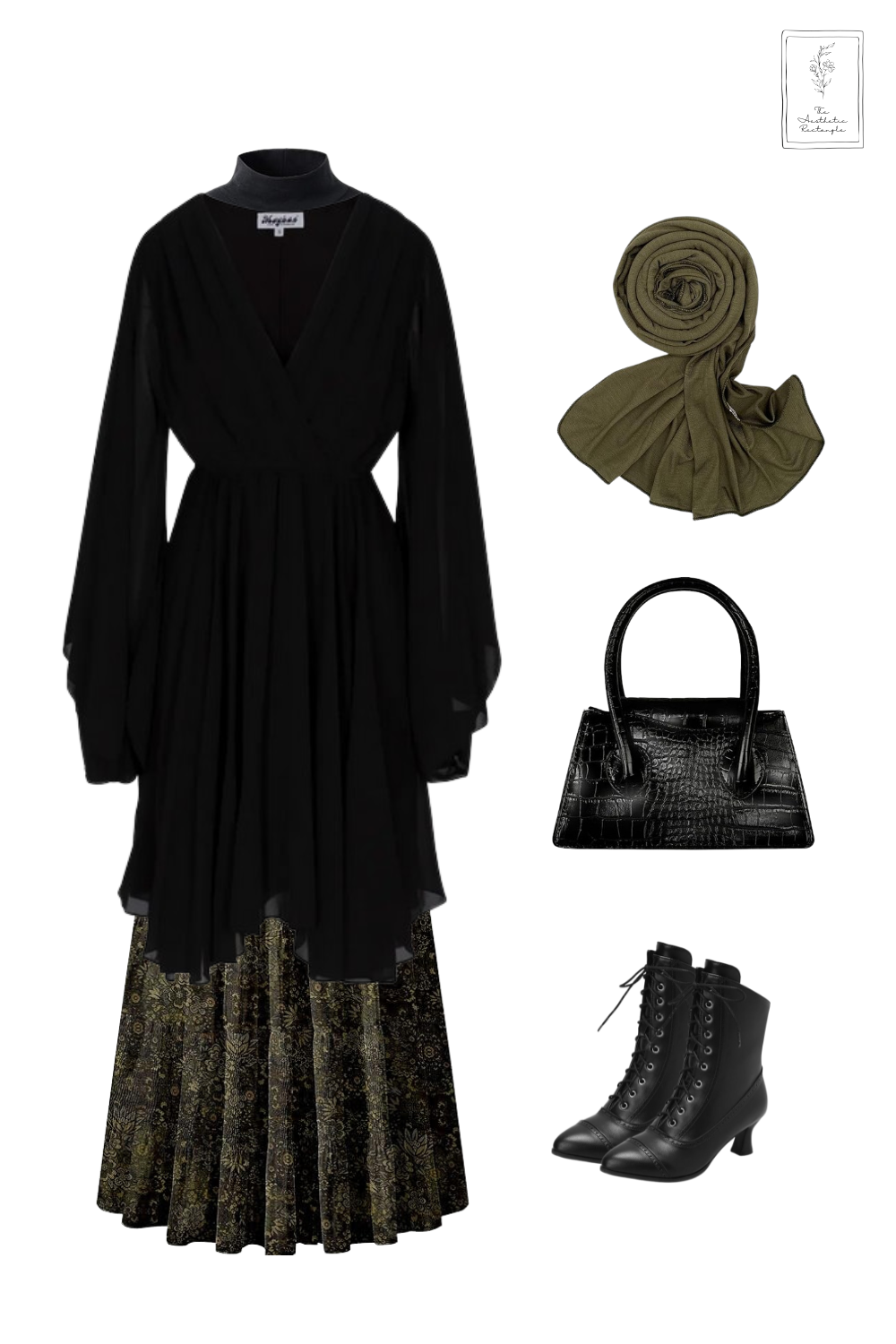 A chic and modest outfit featuring a black long-sleeve wrap dress layered over a black and gold floral maxi skirt. The ensemble is paired with an olive green faux crocodile trench coat and a matching olive green hijab. Accessories include a structured black croc-embossed handbag and black Victorian-style lace-up boots with a low heel. A small logo in the bottom right corner reads "The Subtle Chic Wardrobe."