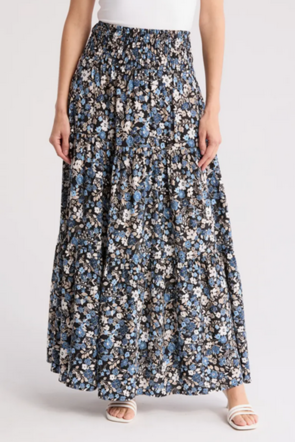 Floral Smocked Waist Tiered Maxi Skirt